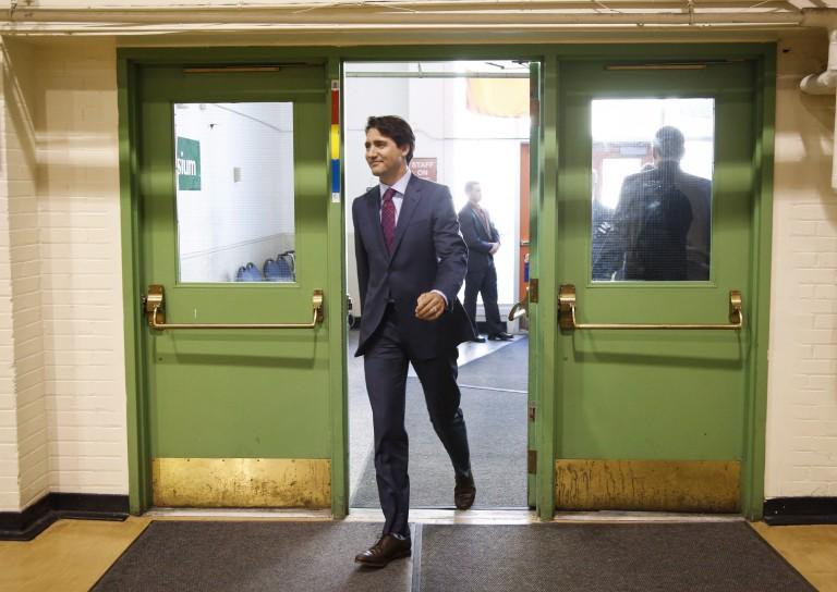 <p>Prime Minister Justin Trudeau arrives to speak to the media after participating in a roundtable discussion on employment insurance in Calgary, Alta., Tuesday, March 29, 2016. (Jeff McIntosh/CP)</p>
