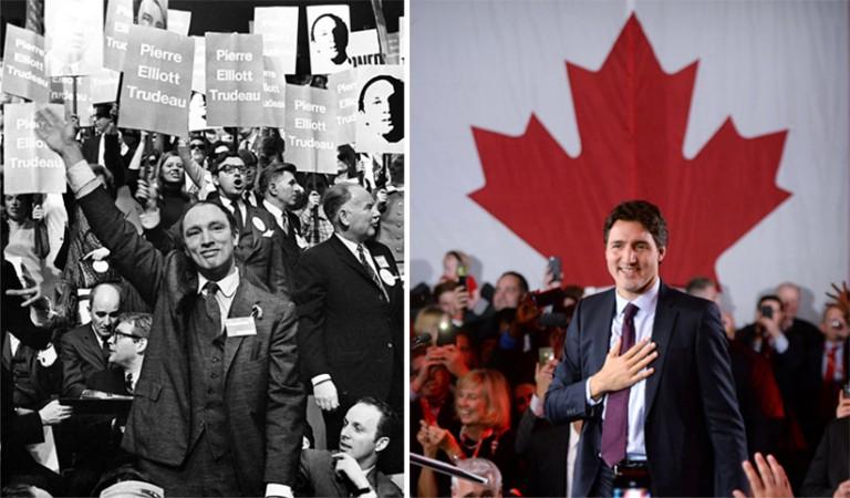 <p>R: Pierre Trudeau waves to the crowd of supporters after winning the Liberal Leadership, April 6, 1968.  (Chuck Mitchell/CP); L:  Justin Trudeau is seen on stage at Liberal party headquarters in Montreal  after winning the 42nd Canadian general election. (Sean Kilapatrick/CP)</p>
