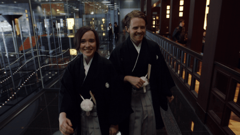<p>Ellen Page and Ian Daniel in a promotional still from the VICELAND show &#8216;GAYCATION.&#8217;</p>
