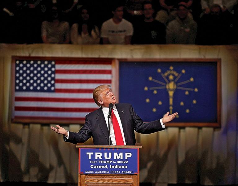 <p>U.S. Republican presidential candidate Donald Trump speaks at a campaign event at The Palladium at the Center for Performing Arts in Carmel, Indiana, U.S. May 2, 2016.  (Aaron Bernstein/Reuters)</p>
