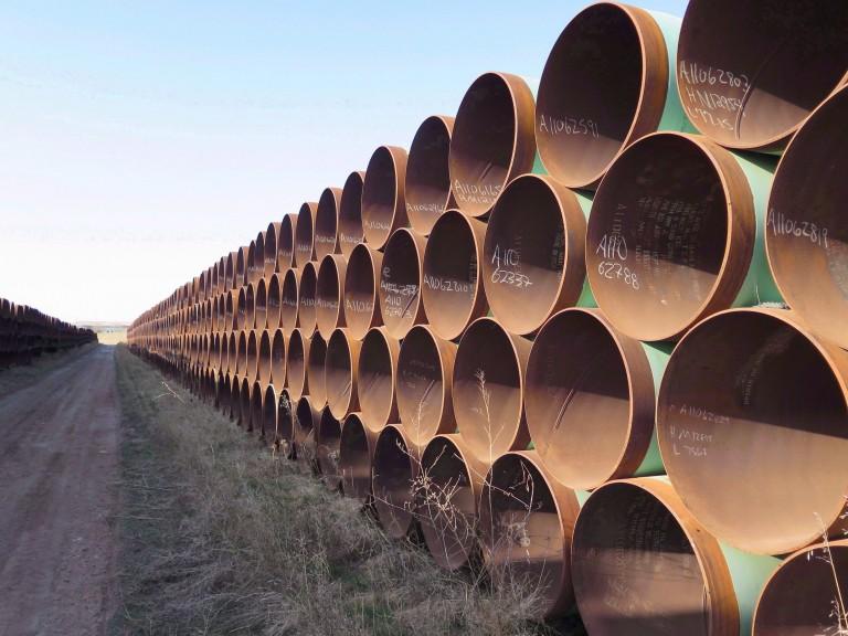 <p>A yard in Gascoyne, ND., which has hundreds of kilometres of pipes stacked inside it that are supposed to go into the Keystone XL pipeline, is shown on Wednesday April 22, 2015. (Alex Panetta/CP)</p>

