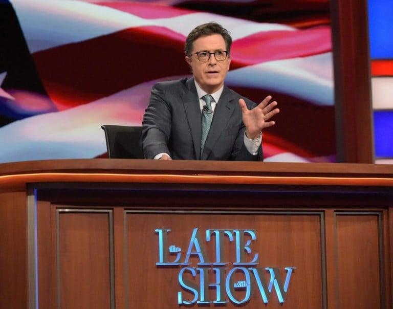 <p>In this July 27, 2016 photo released by CBS, Stephen Colbert, host of &#8220;The Late Show with Stephen Colbert,&#8221; appears during a broadcast in New York.  (Scott Kowalchyk/CBS via AP)</p>
