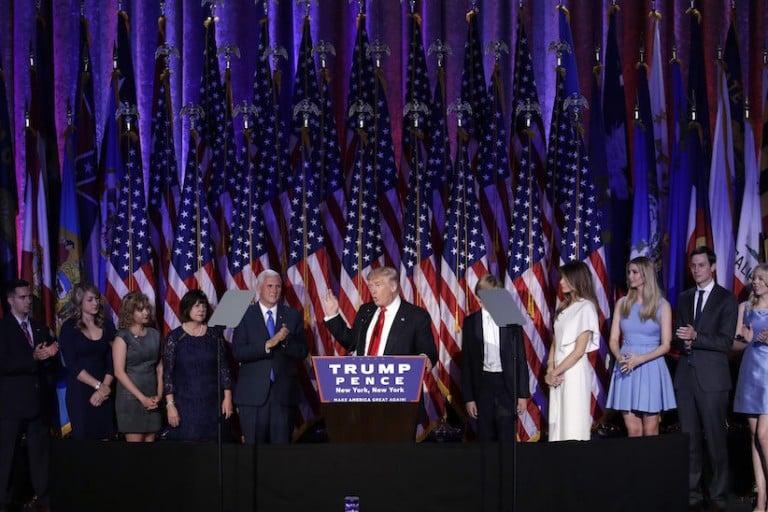 <p>President-elect Donald Trump gives his acceptance speech during his election night rally, Wednesday, Nov. 9, 2016, in New York. (AP Photo/John Locher)</p>
