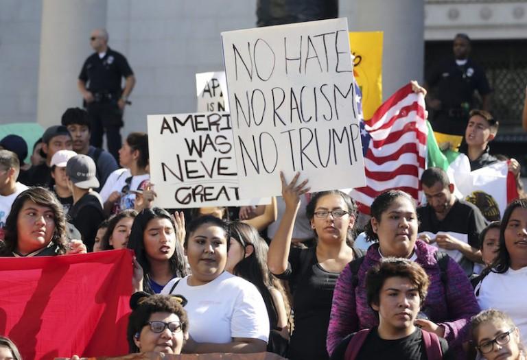 <p>Students from several high schools rally after walking out of classes to protest the election of Donald Trump as president in downtown Los Angeles Monday, Nov. 14, 2016. More than a thousand students from several schools on Los Angeles‚Äô heavily Hispanic east side marched out of classes shortly after they began in a protest they say was organized over the weekend.  (AP Photo/Reed Saxon)</p>
