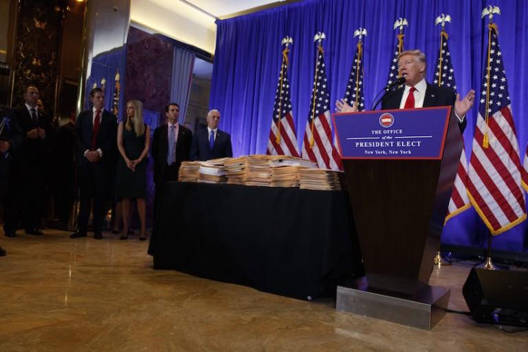 <p>President-elect Donald Trump speaks during a news conference in the lobby of Trump Tower in New York, Wednesday, Jan. 11, 2017. (AP Photo/Evan Vucci)</p>
