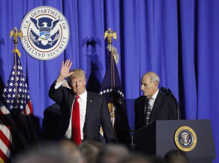<p>President Donald Trump, followed by Homeland Security Secretary John F. Kelly, waves as he steps off stage after speaking at the Homeland Security Department in Washington, Wednesday, Jan. 25, 2017.  (AP Photo/Pablo Martinez Monsivais)</p>
