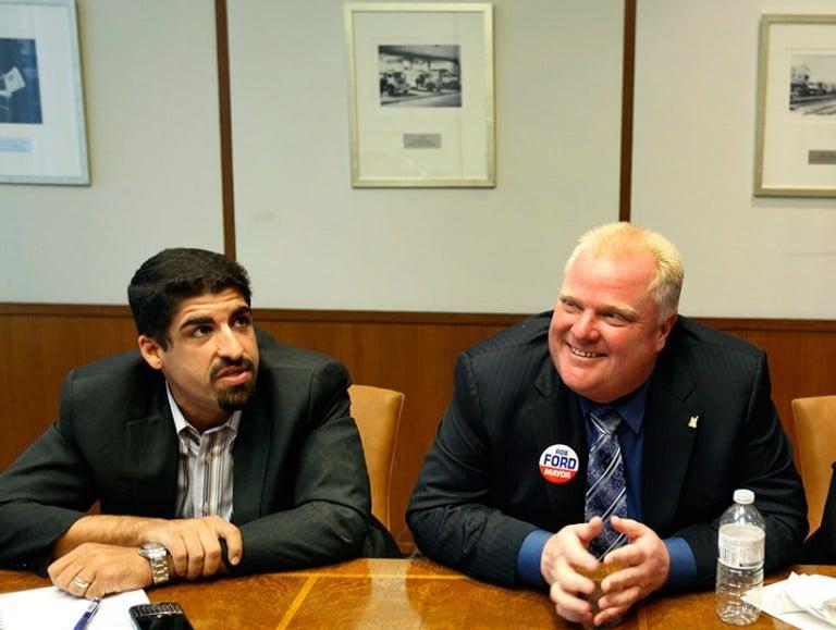 <p>Toronto City Mayoral Candidate Rob Ford (middle) is photographed flanked by his campaign staff, (L to R) Campaign Manager Nick Kouvalis, Director of Communications Adrienne Batra during an interview at The Globe and Mail in Toronto, Ontario, Canada on September 27, 2010. (Deborah Baic/The Globe and Mail/CP)</p>
