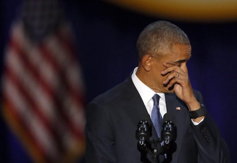 <p>President Barack Obama wipes his tears as he speaks at McCormick Place in Chicago, Tuesday, Jan. 10, 2017, giving his presidential farewell address. (AP Photo/Charles Rex Arbogast)</p>
