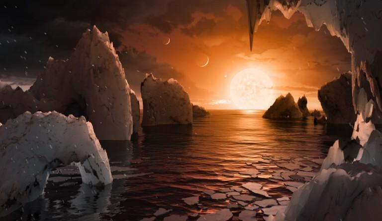 <p>This illustration shows the possible surface of TRAPPIST-1f, one of the newly discovered planets in the TRAPPIST-1 system. Scientists using the Spitzer Space Telescope and ground-based telescopes have discovered that there are seven Earth-size planets in the system. (NASA/JPL-Caltech)</p>
