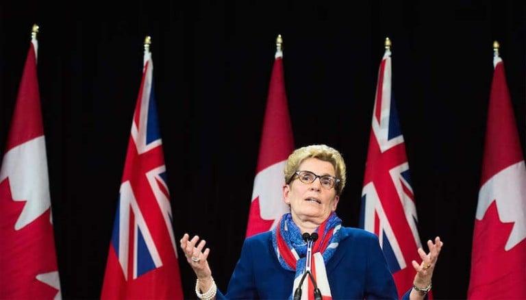 <p>Ontario Premier Kathleen Wynne&#8217;s speaks during a press conference regarding the political fundraising question at Queen&#8217;s Park in Toronto on Monday, April 11, 2016. (Nathan Denette/CP)</p>
