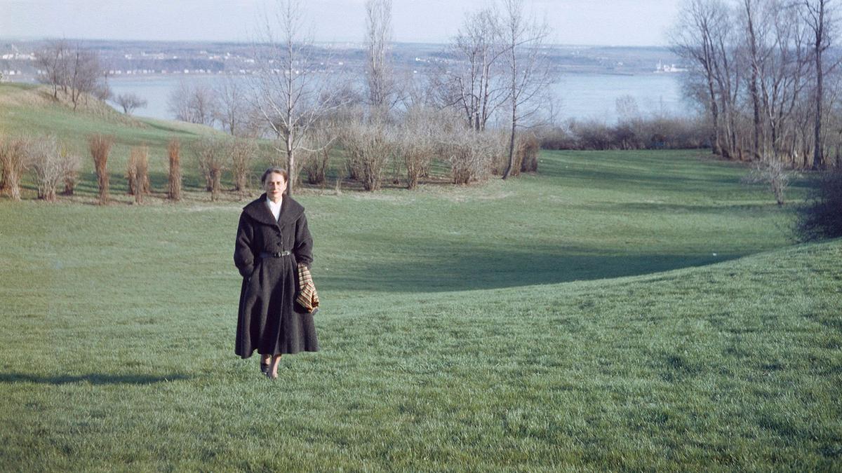 Gabrielle Roy walking on the Plains of Abraham, Quebec City, circa 1956.