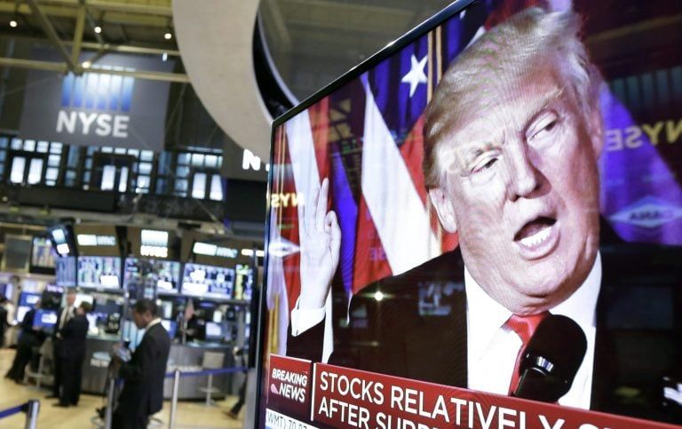 An image of President-elect Donald Trump appears on a television screen on the floor of the New York Stock Exchange on Nov. 9, 2016