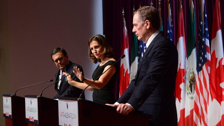 Mexico's Secretary of Economy Ildefonso Guajardo Villarreal, Canada's Foreign Affairs Minister Chrystia Freeland and United States Trade Representative Robert Lighthizer attend a news conference on the NAFTA negotiations in Ottawa on Sept. 27, 2017