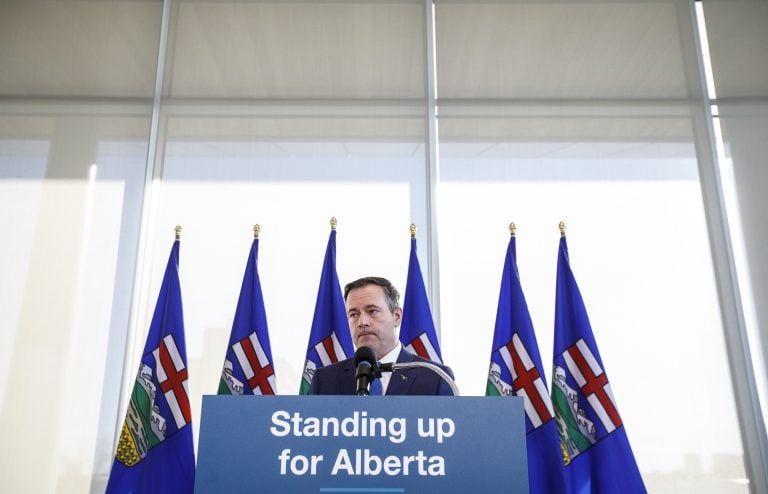 Alberta Premier Jason Kenney comments on the Teck mine decision in Edmonton on Feb. 24, 2020. (Jason Franson/CP)