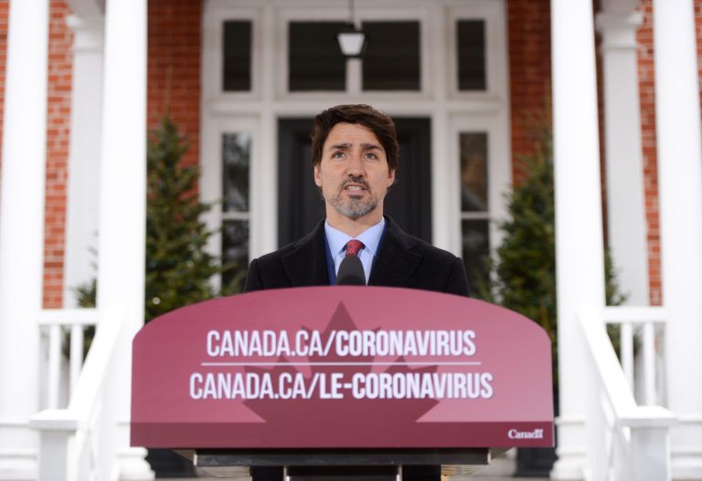 Prime Minister Justin Trudeau addresses Canadians on the COVID-19 pandemic from Rideau Cottage in Ottawa on Thursday, March 26, 2020. (Sean Kilpatrick/CP)