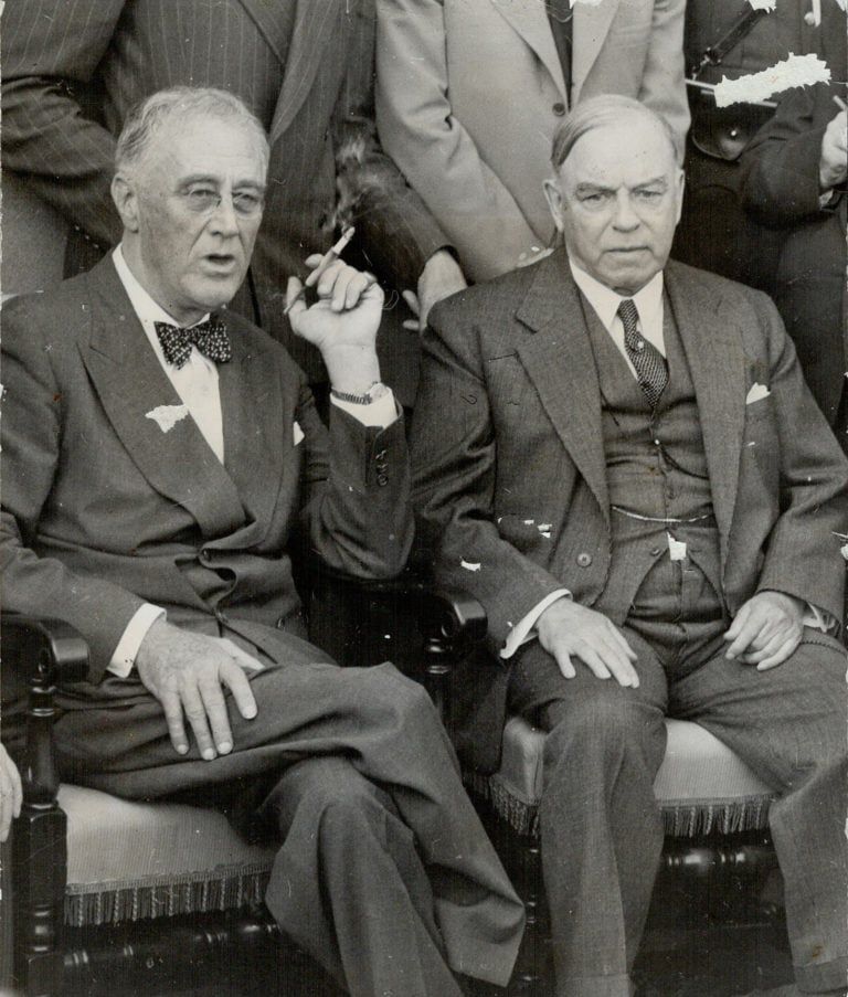 Prime Minister King shown here with President Roosevelt in September 1944. The two leaders took part in a press conference confirming that Canada will be a partner in the coming undertakings against Japan (Toronto Star Archives/Getty Images)
