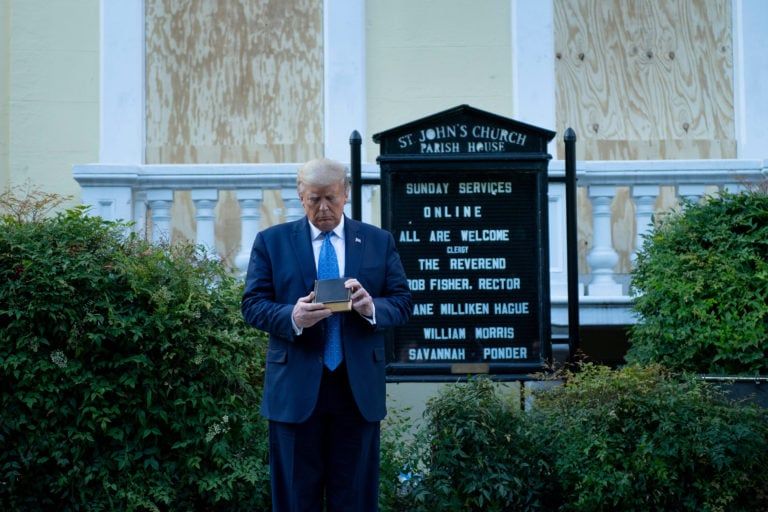 Trump holds a Bible while visiting St. John's Church across from the White House on June 1, 2020 (BRENDAN SMIALOWSKI/AFP via Getty Images)