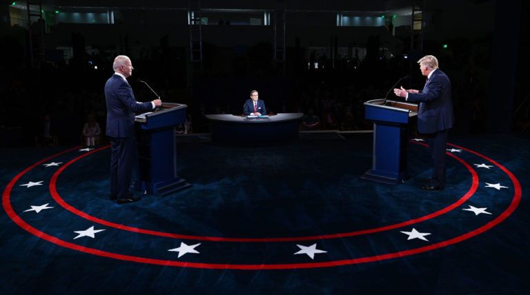 Trump and Biden take part in the first presidential debate at Case Western Reserve University and Cleveland Clinic in Cleveland, Ohio, on Sept. 29, 2020 (Olivier Douliery/AFP/Getty Images)