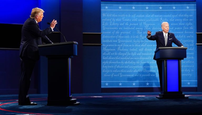 Trump and Biden during the first presidential election debate in Cleveland, Ohio, on Sept. 29, 2020 (Jim Lo Scalzo/EPA/CP)
