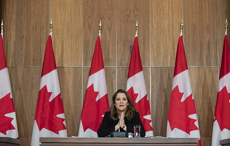 Freeland speaks about the fiscal update during a news conference in Ottawa on Nov. 30, 2020 (CP/Adrian Wyld)