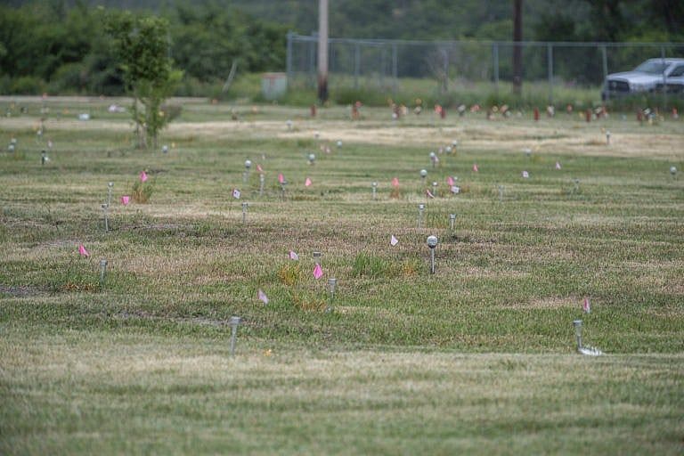 The site of a former residential school where hundreds of unmarked graves were detected, in Cowessess First Nation, Sask., on July 6, 2021 (Liam Richards/CP)