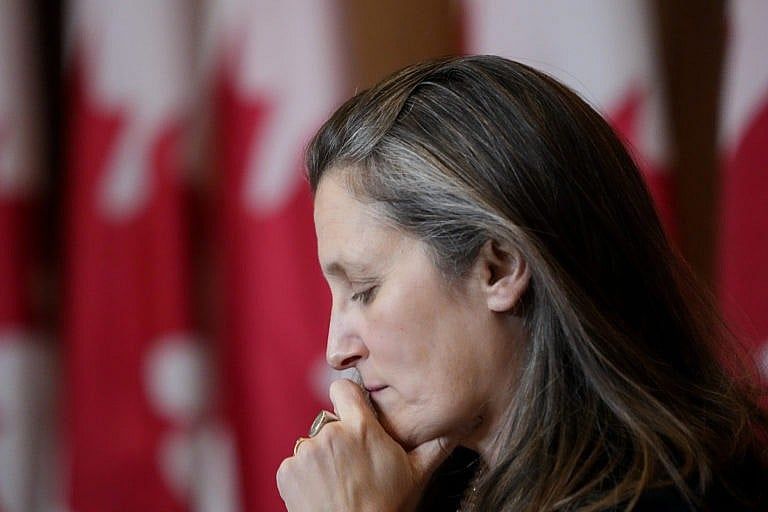 Freeland participates in a media availability to discuss Canadian sanctions on Russia, as Russia continues to invade Ukraine, in Ottawa, Mar. 1, 2022. (Justin Tang/The Canadian Press)