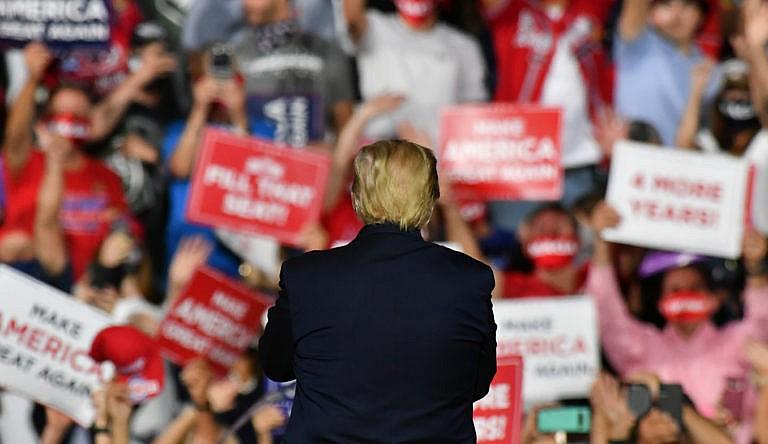 President Donald Trump addresses the crowd at a Make America Great Again event at Gastonia Municipal Airport on October 21, 2020 in Gastonia, North Carolina, United States. (Peter Zay/Anadolu Agency /Getty Images)