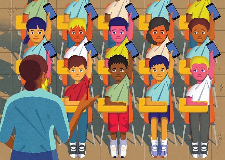 An illustration of rows of kids with smartphones in their hands and a teacher standing in front of them