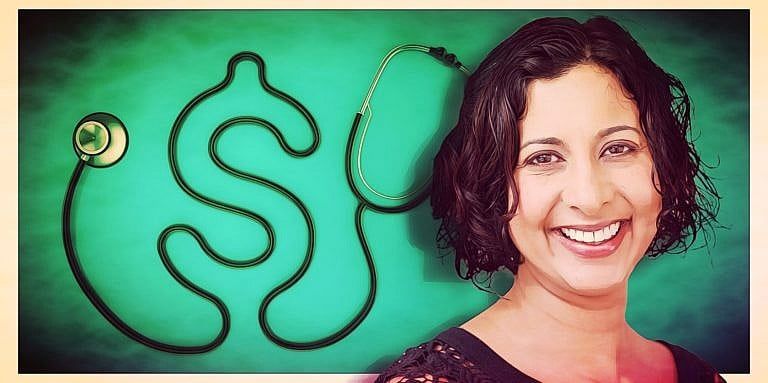 A picture of a smiling woman beside a stethoscope, with a wire that looks like a dollar sign