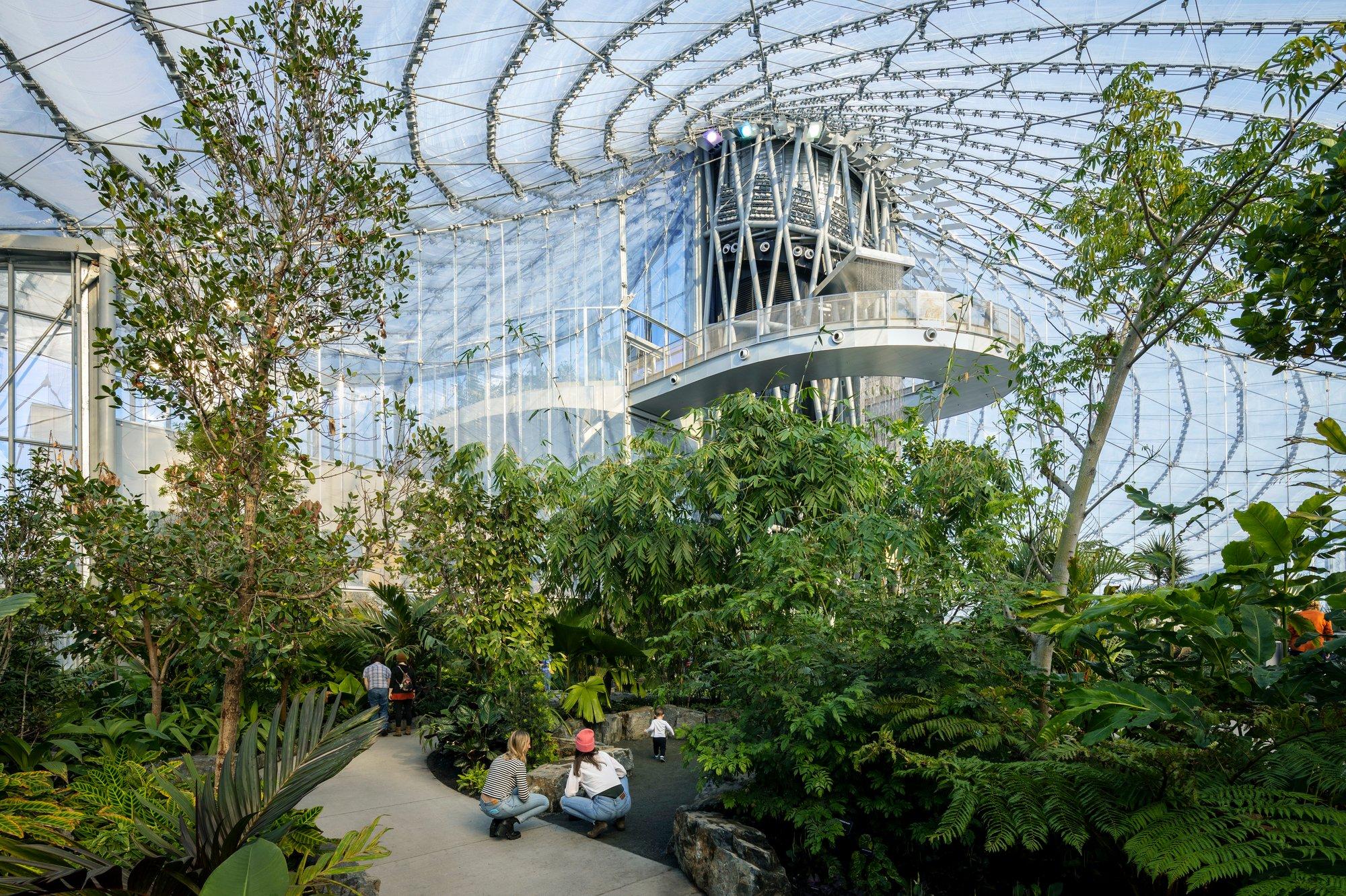 To make sure visitors (and plants) receive maximum sunlight, the architects hid a few structural necessities, like lighting, in the overhead diagrid, along with tiny fans that spritz cool water at regular intervals