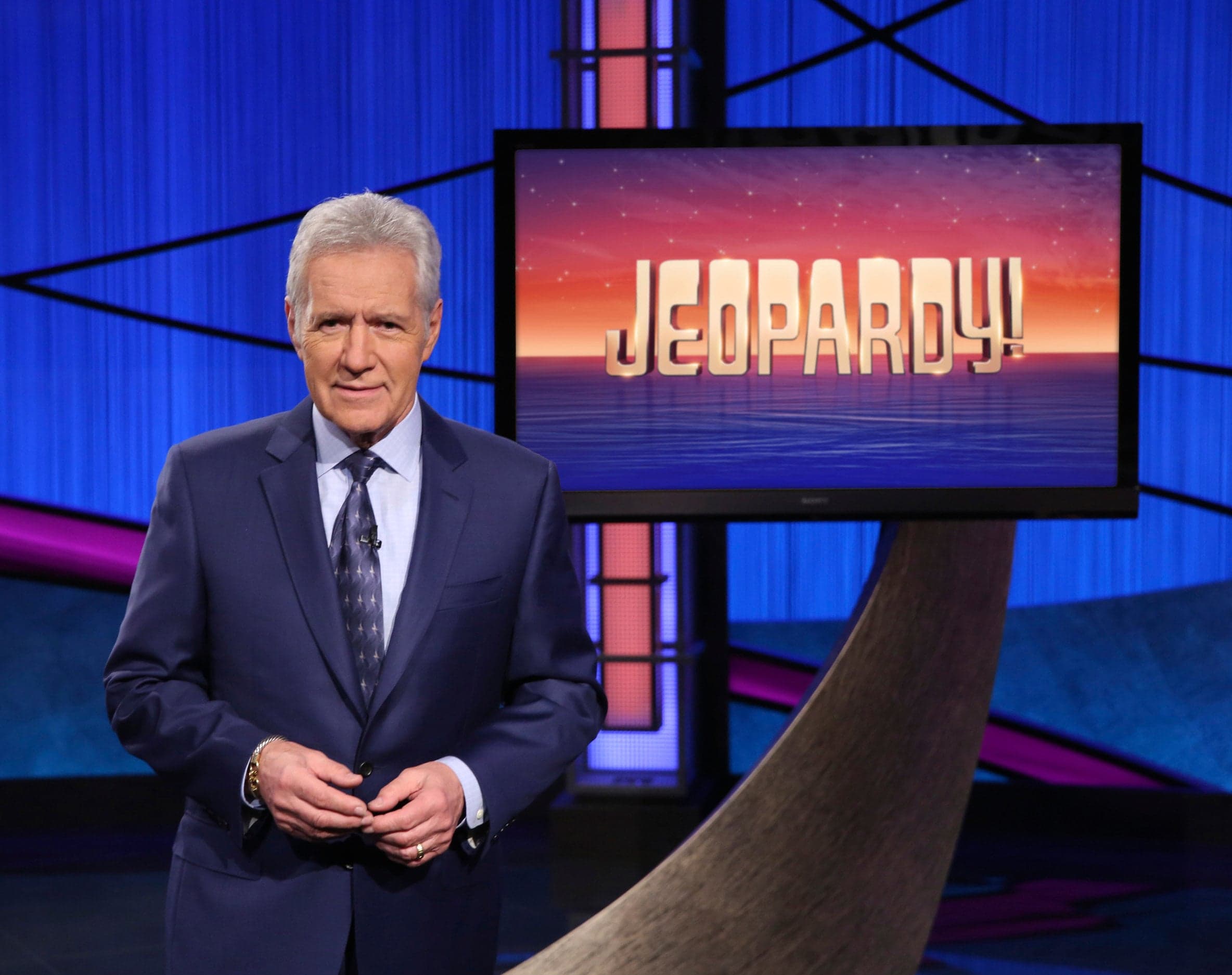Trebek on the set of the show that made him a household name. (Jeopardy! via AP)