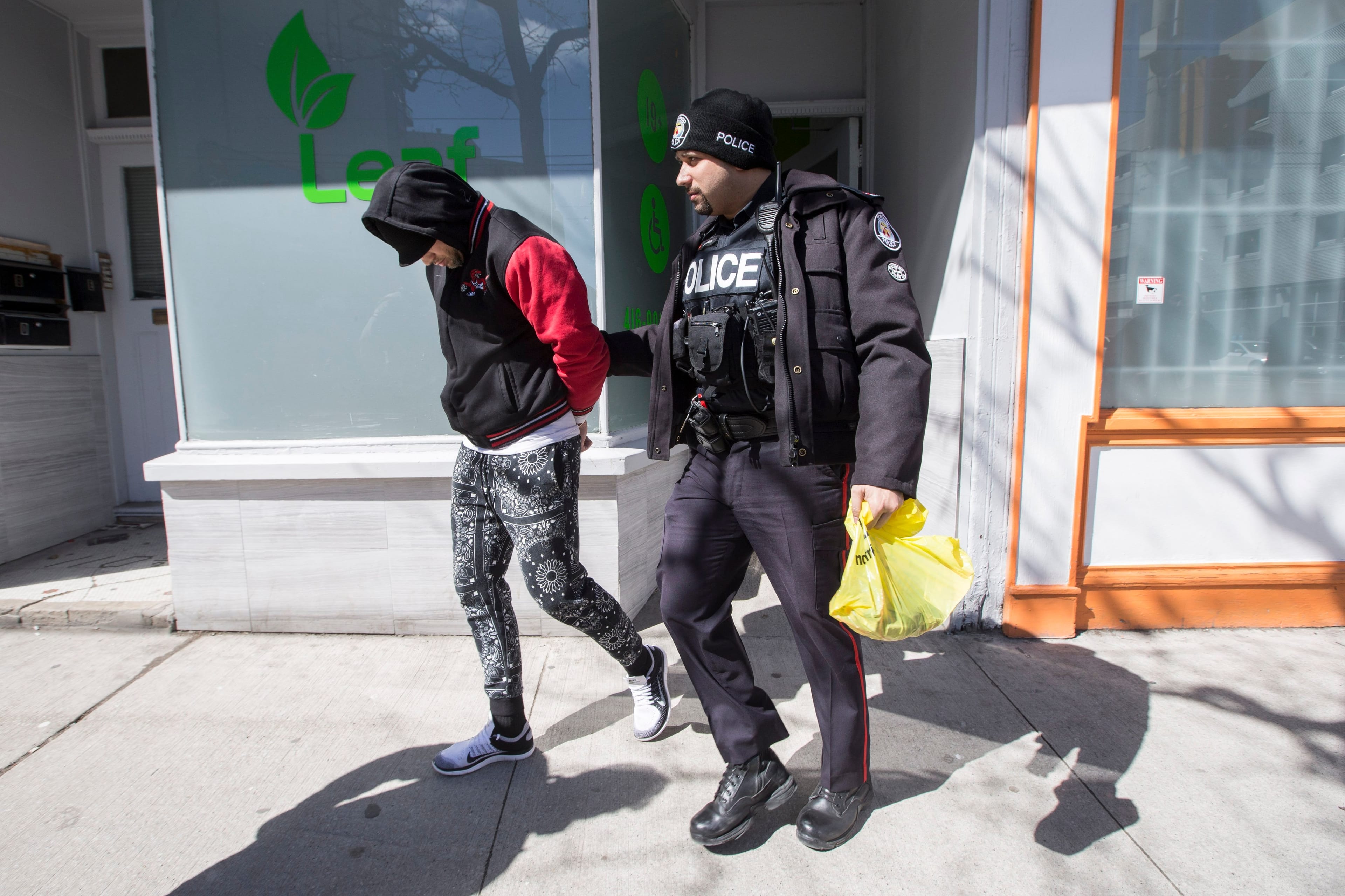 Four individuals were led in handcuffs out of Leaf marijuana dispensary and charged by city bylaw and Toronto Police Services. April 7, 2017. (Bernard Weil/Toronto Star via Getty Images)