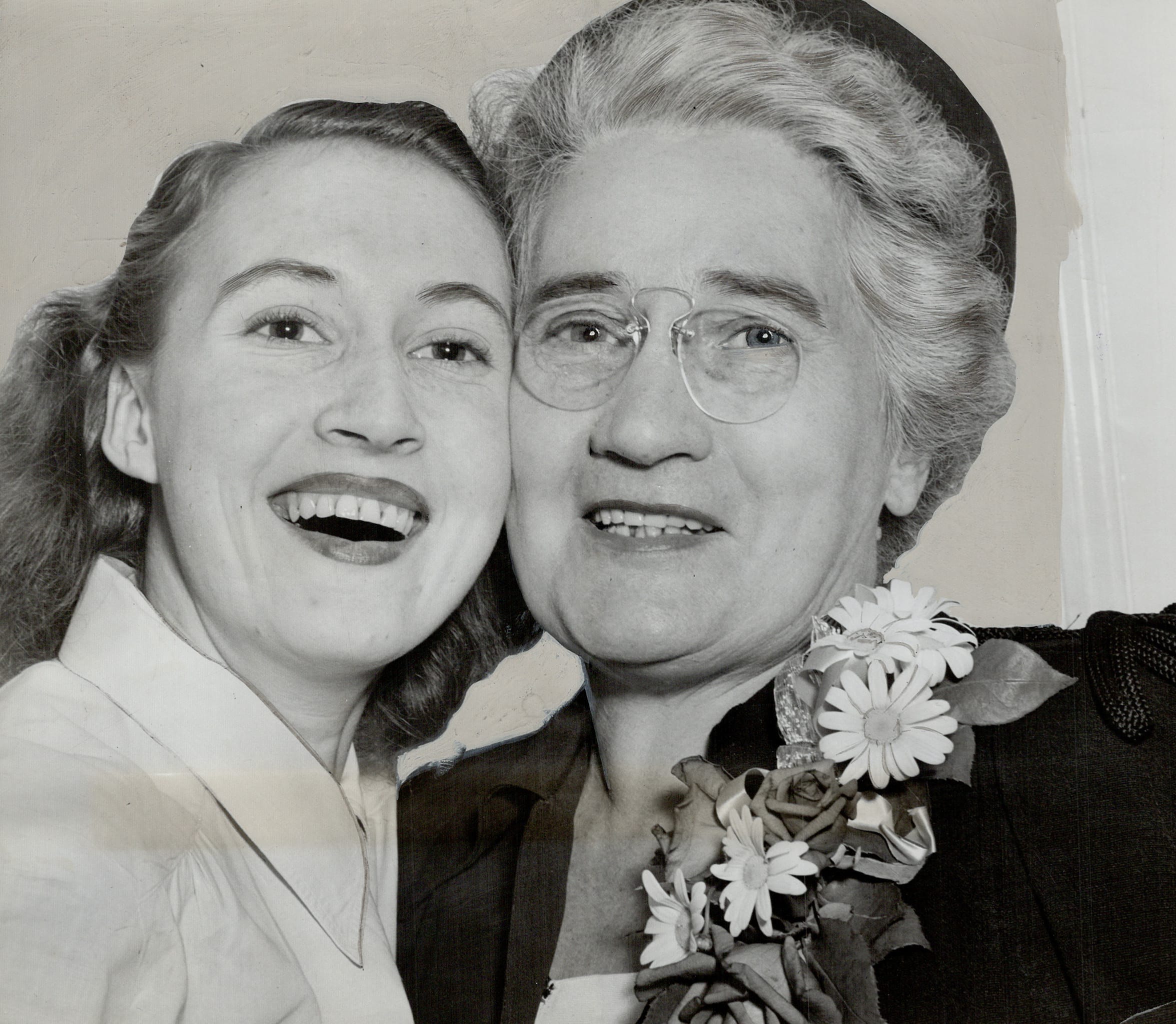 Jubilant in york east is Agnes Macphail; seen being hugged by her niece; Ruby Campbell; after Miss Macphail; the only woman candidate elected; took the riding for the C. C. F. She defeated three men in contest; expressed delight at Drew's personal loss (Toronto Star Archives/Getty Images)
