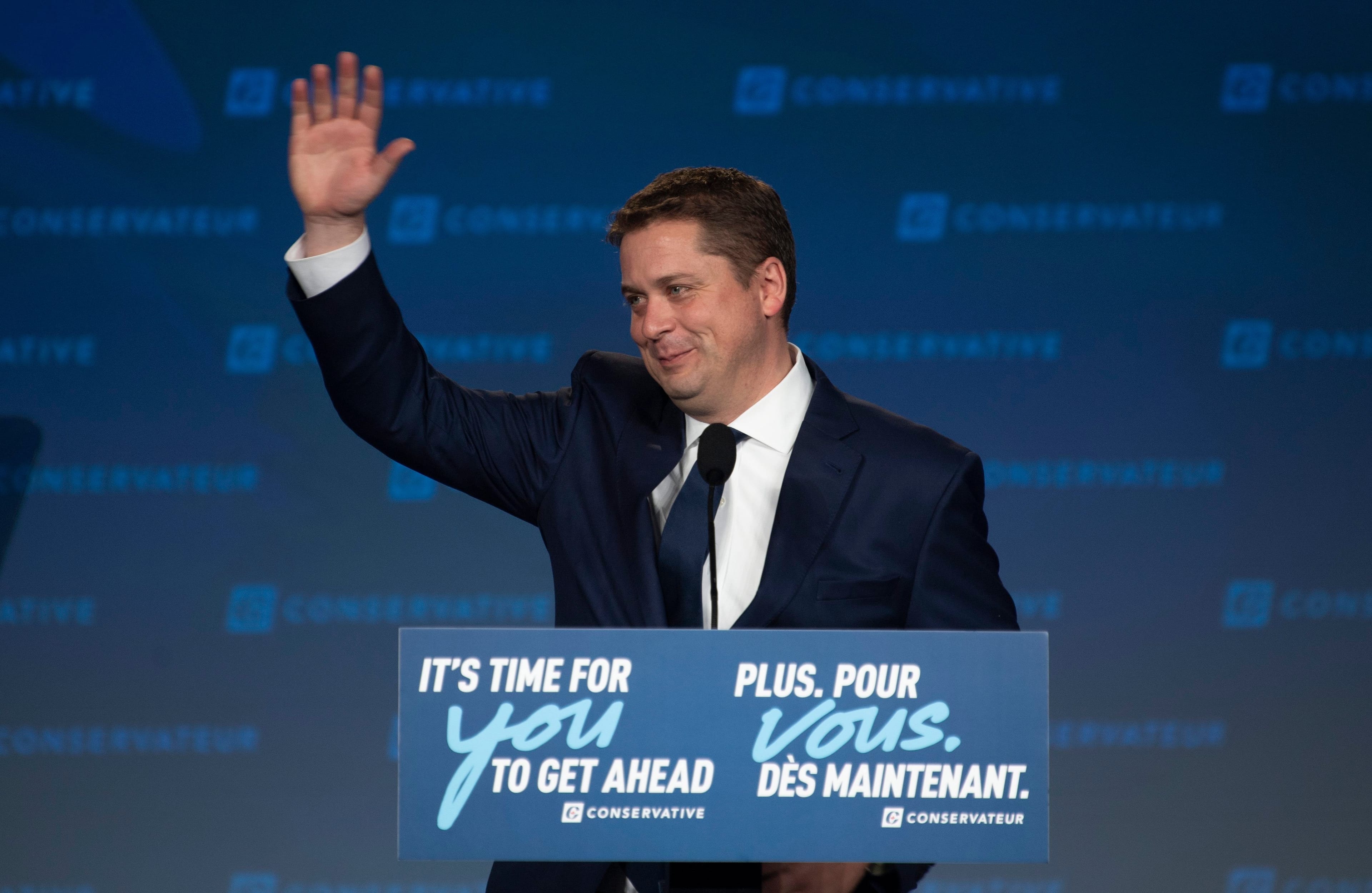 Scheer acknowledges supporters following a speech on election night at party campaign headquarters in Regina, on Oct. 22, 2019 (Adrian Wyld/CP)
