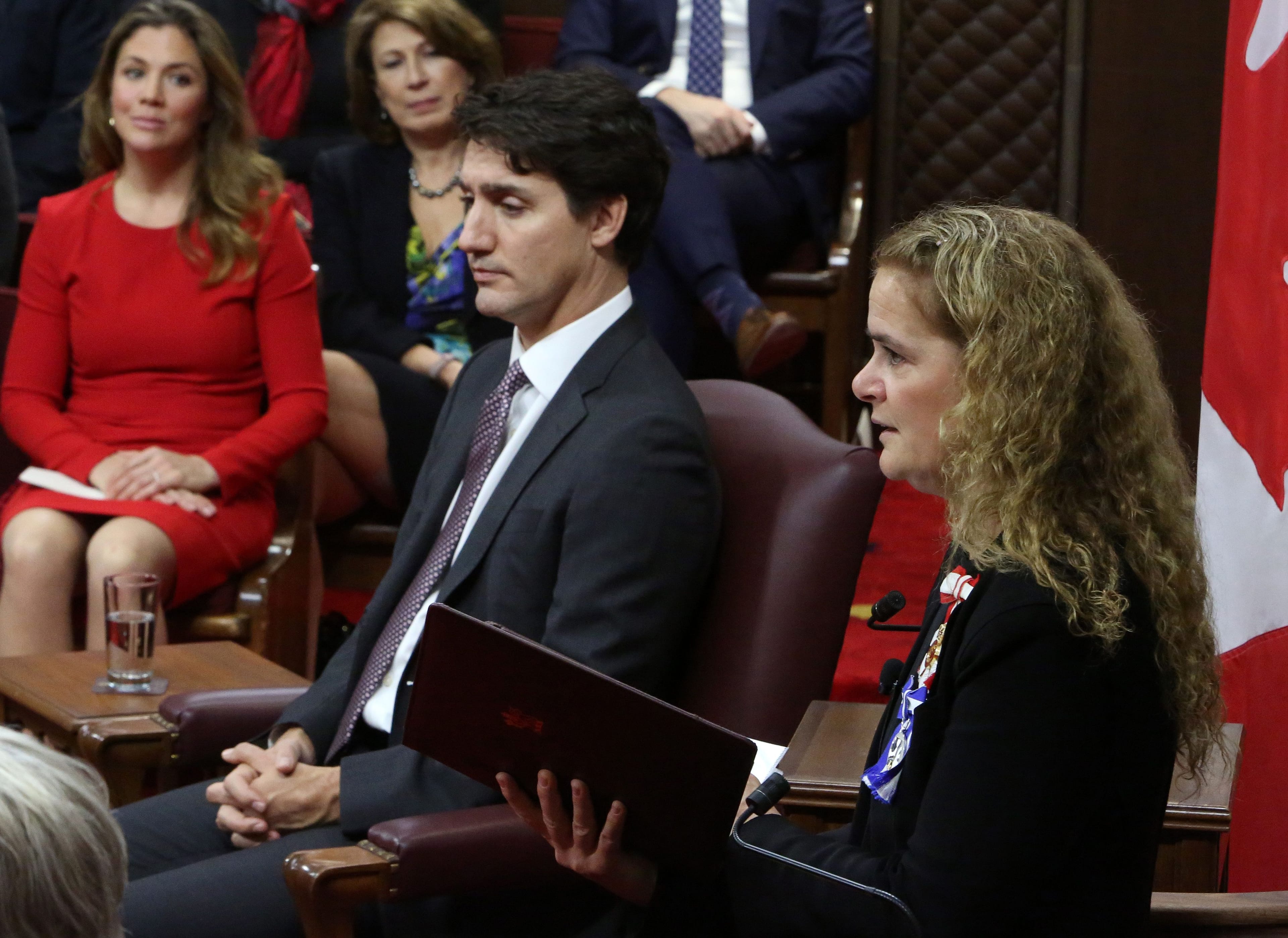 Trudeau looks on as Governor General Julie Payette delivers the Throne Speech in the Senate chamber on Dec. 5, 2019 (Fred Chartrand/AFP/Getty Images)
