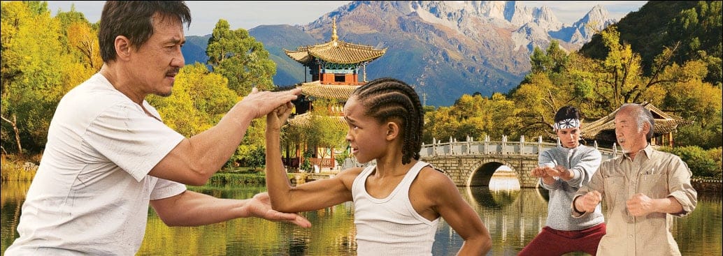 Karate Kids: Jackie Chan and Jaden Smith; (background) the original's Ralph Macchio and Pat Morita