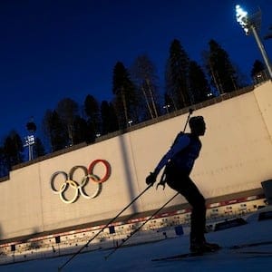 Canada's Kocher takes part in a biathlon training session for the 2014 Sochi Winter Olympic Games at the "Laura" cross-country and biathlon centre in Rosa Khutor