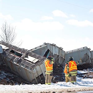 Crews work to clean up after a CP Rail train carrying potash derailed east of Wetaskiwin, Alta., on Sunday, March 22, 2015. No one was injured when 15 cars derailed though some of the potash has spilled. Jason Franson/CP