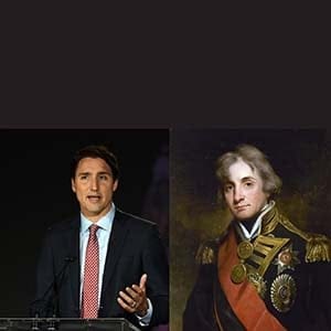 Justin Trudeau, left, and Admiral Horatio Nelson. (Sean Kilpatrick/CP & Roger Viollet Collection/Getty Images)
