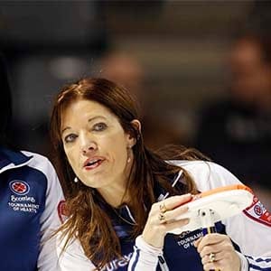 Nova Scotia skip Mary-Anne Arsenault speaks with teammate Colleen Jones (R) during their game against Newfoundland and Labrador during the 11th draw at Scotties Tournament of Hearts curling championship in Kingston, February 20, 2013. (Mark Blinch/Reuters)