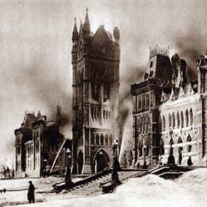 The Parliament buildings in Ottawa the morning after the Great Fire of 1916. Ottawa, Canada. Image first published in The New York Times, Feb. 13, 1916 issue. (Underwood and Underwood, N.Y.)