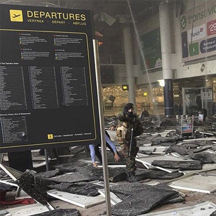 A soldier is seen at Zaventem airport after a blast occurred, in Belgium March 22, 2016. (Jef Versele/Handout via Reuters)