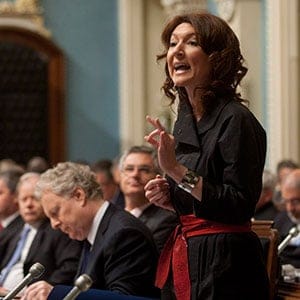 Quebec Natural Resources Minister Nathalie Normandeau defends a Hydro-Quebec deal to replace home power meters, Wednesday, May 25, 2011 at the legislature in Quebec City. (Jacques Boissinot/CP)
