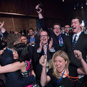 Delegates Michelle Rempel and Natalie Pon celebrate the yes vote to change the wording of the traditional definition of marriage in the conservative policies at the Conservative Party of Canada convention in Vancouver, Saturday, May 28, 2016. (Jonathan Hayward/CP)