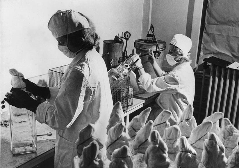 Technicians at the Connaught Laboratories in Toronto harvesting the virus to be used in the new anti-polio vaccinatinon developed by Dr Jonas Salk of the University of Pittsburgh, April 13, 1955. (Fox Photos/Getty Images)