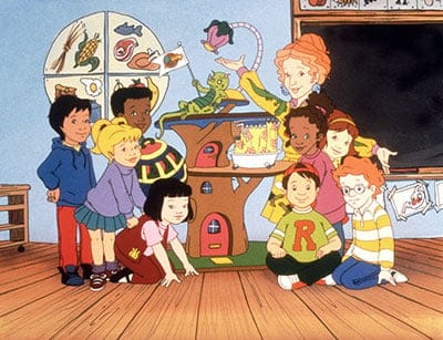 The Magic School Bus. (top row): Liz, Ms. Valerie Frizzle, (middle): Carlos Ramon, Tim Jamal, Keesha Franklin, Phoebe Terese, (bottom): Dorothy Ann, Wanda Li, Ralphie Tennelli, Arnold Pearlstein, 1994-97. (Nelvana/Everett Collection)