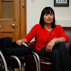 Senator Petitclerc talks about medically assisted dying on Parliament Hill in Ottawa June 8, 2016. (Photograph by Blair Gable)