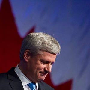 Conservative Leader Stephen Harper, attends a news conference where he conceded victory on election day in Calgary, Alberta, Canada, on Monday, Oct. 19, 2015. Justin Trudeau's Liberal Party has swept into office with a surprise majority, ousting Prime Minister Stephen Harper and capping the biggest comeback election victory in Canadian history. (Ben Nelms/Bloomerg/Getty Images)