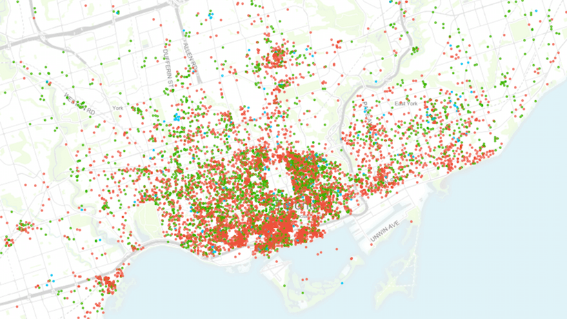 A screengrab from Inside Airbnb's website shows the breakdown of listings on the site, by whole homes (red), private rooms (green) and shared rooms (blue)