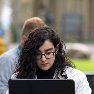 Amanda Ghazale-Aziz on campus at the University of Toronto. (Photograph by Nick Iwanyshyn)